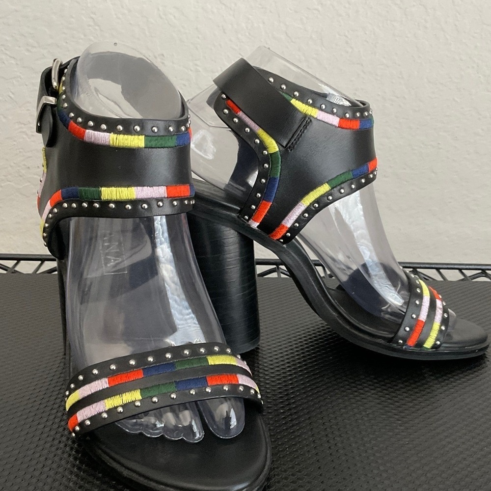 Sol Sana Womens Black Leather Embroidered Studded Block Heel Sandals Size 37 - Picture 8 of 12